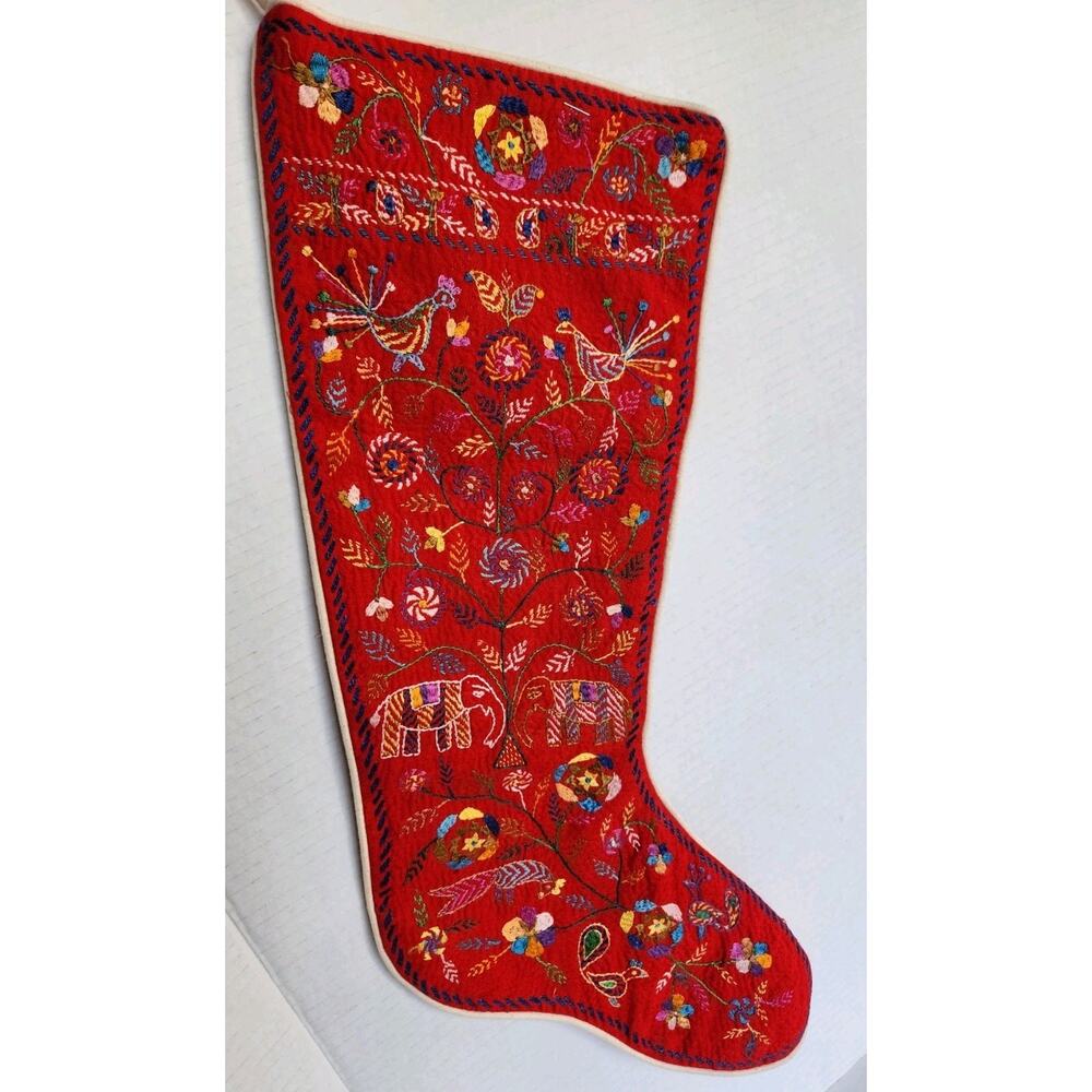 Vintage Pier 1 Hand Embroidered Christmas Stocking PEACOCK ELEPHANT FLORAL Color